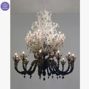 لوستر مورانو تالاری دوطبقه ترکیبی مشکی با گلبرگ‌ های مجسمه‌ای