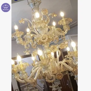 لوستر مورانو بزرگ طلایی با شاخه‌ های شیشه‌ای فویل‌ دار وارداتی