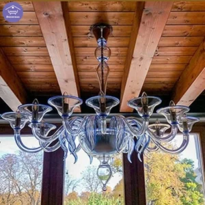 لوستر مورانو شفاف آبی ۱۲ شعله مدل مخروطی مدرن