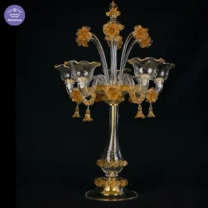 آباژور رومیزی 4 شاخه مورانو طلایی شفاف گلبرگی با آویز زنگوله‌ای